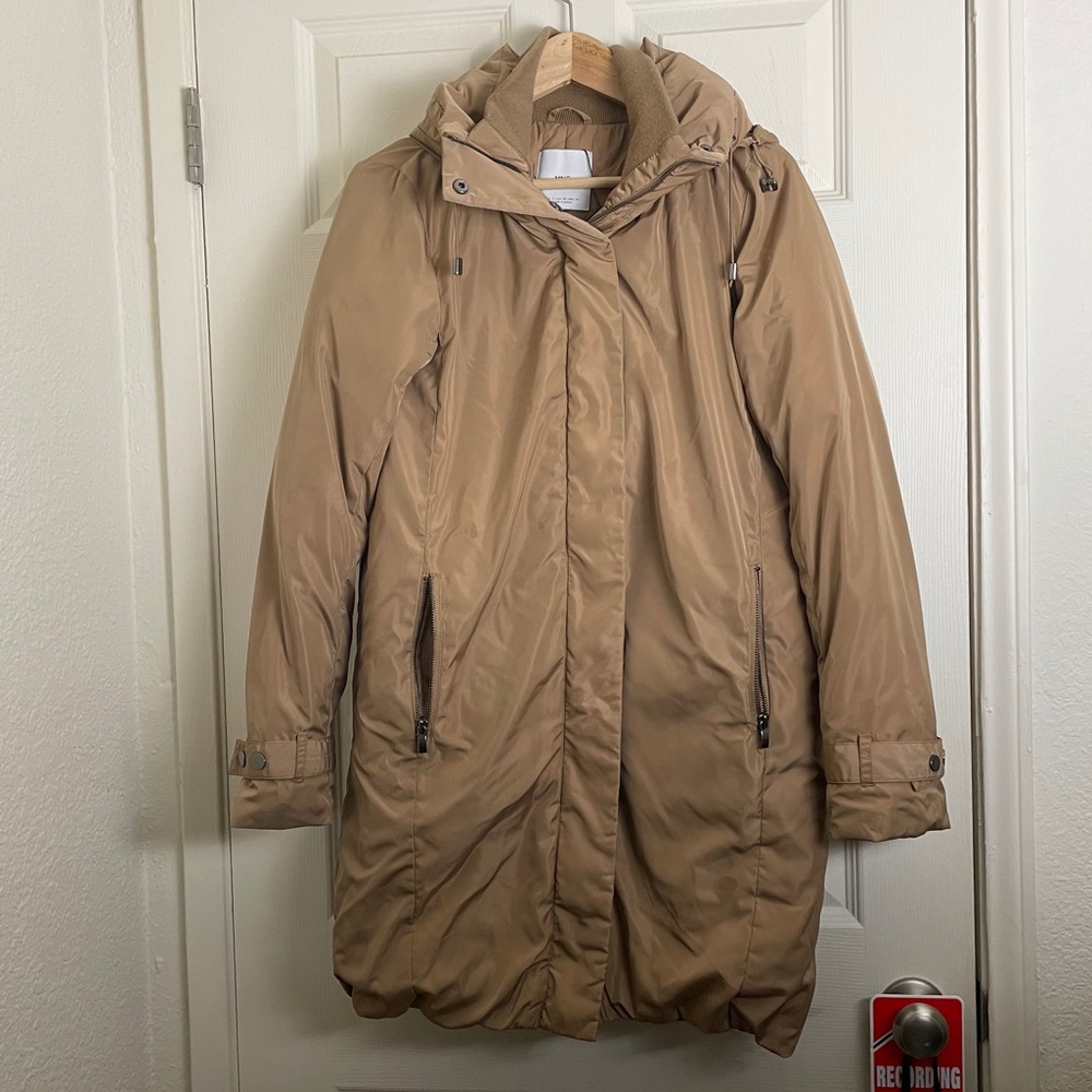 Mango shiny fabric tan brown fluffy long coat